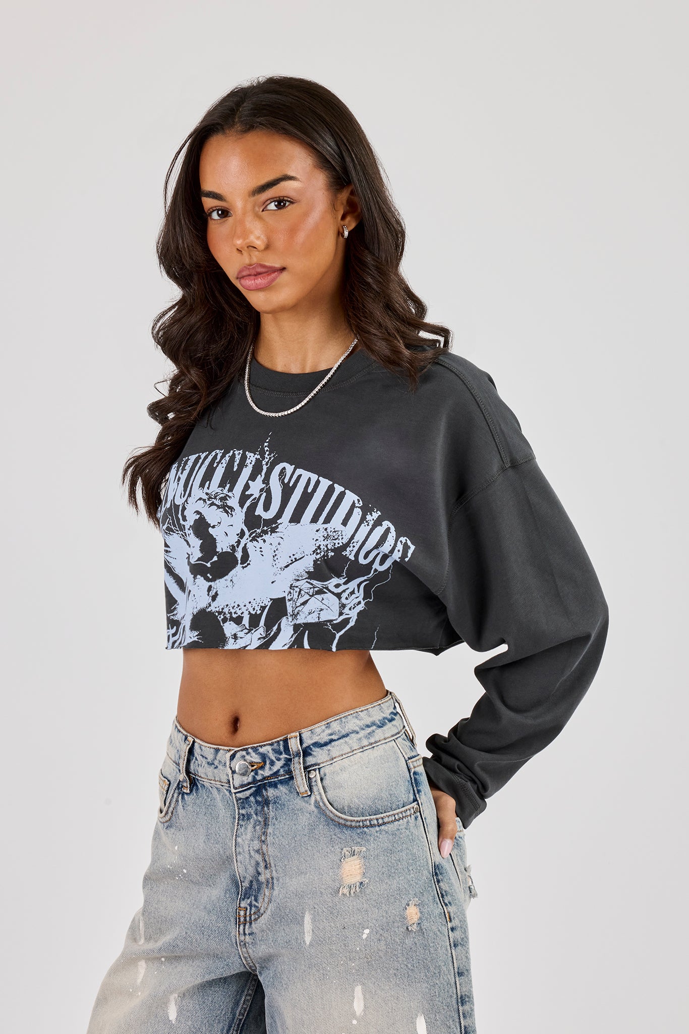 Reversible Cropped Long Sleeve T-Shirt - Dark Grey